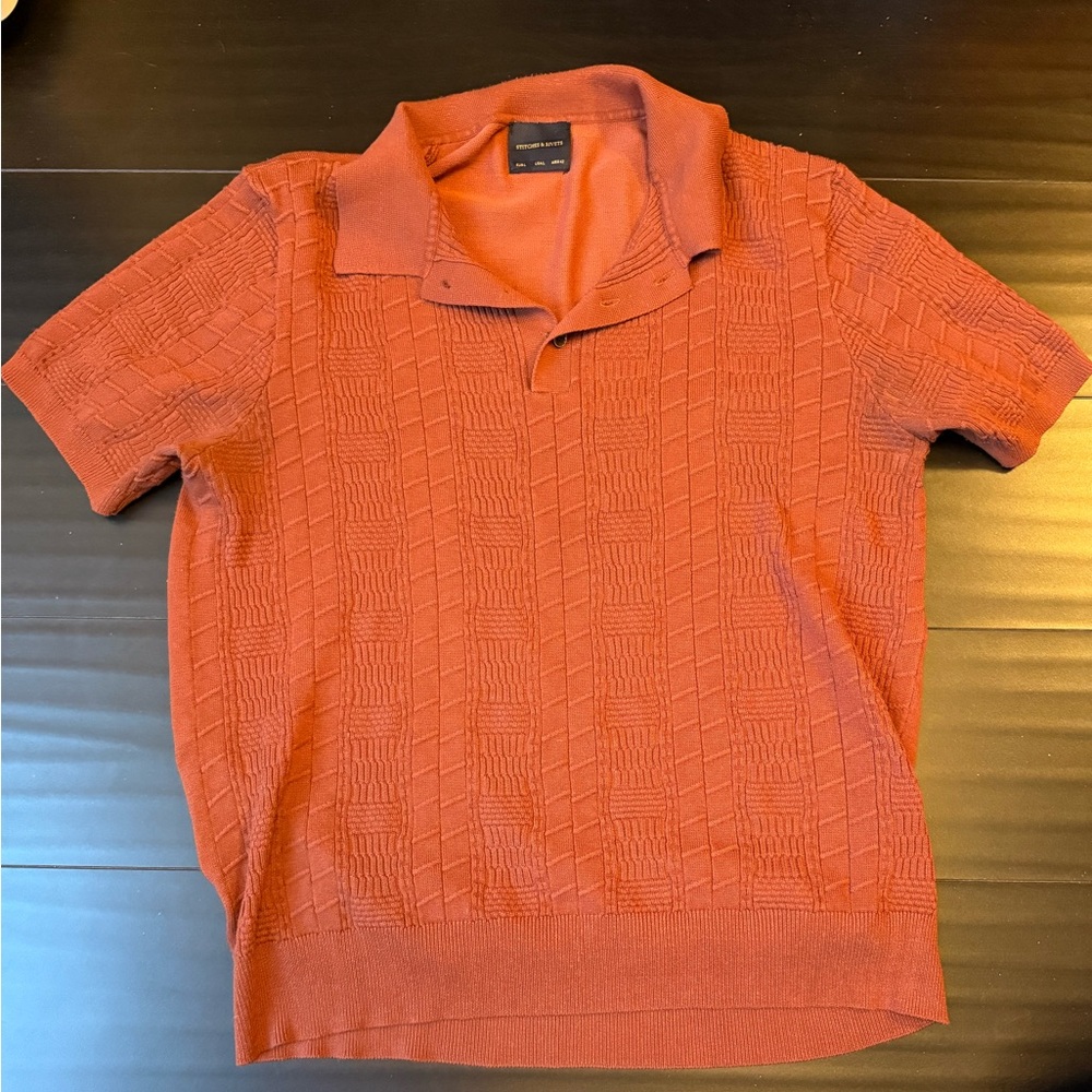 Stitches & rivets Men's Rust Polo Shirt sweater textured vintage style large